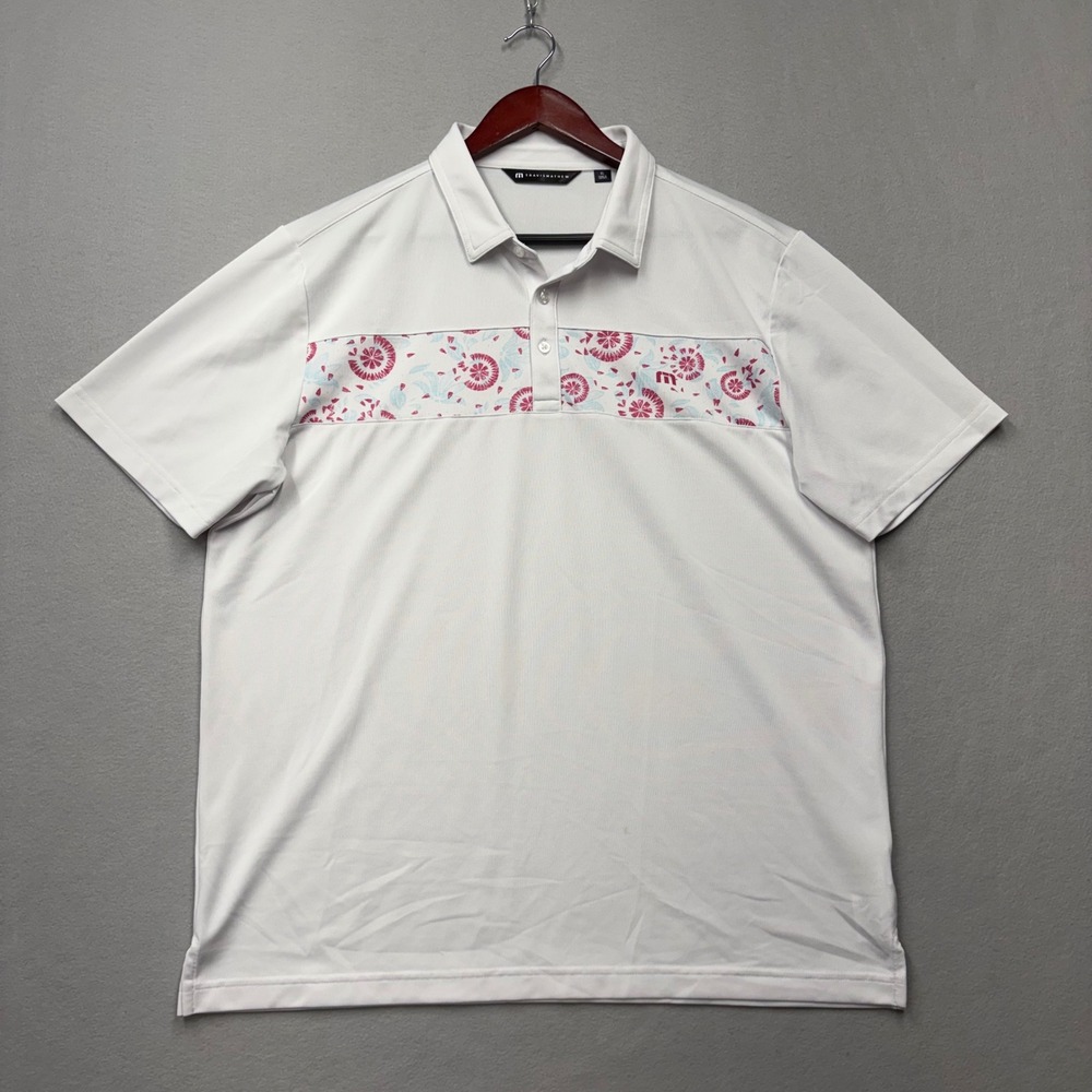 TravisMathew Polo Shirt Mens XL White Floral Chest Stripe A40110 Short Sleeve